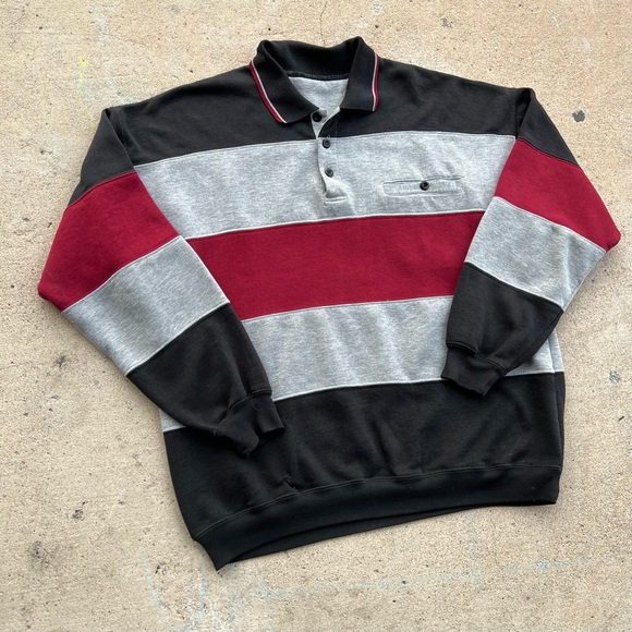 Men’s vintage 80s penguin color block polo red black grey collar sweatshirt gray - Picture 3 of 5